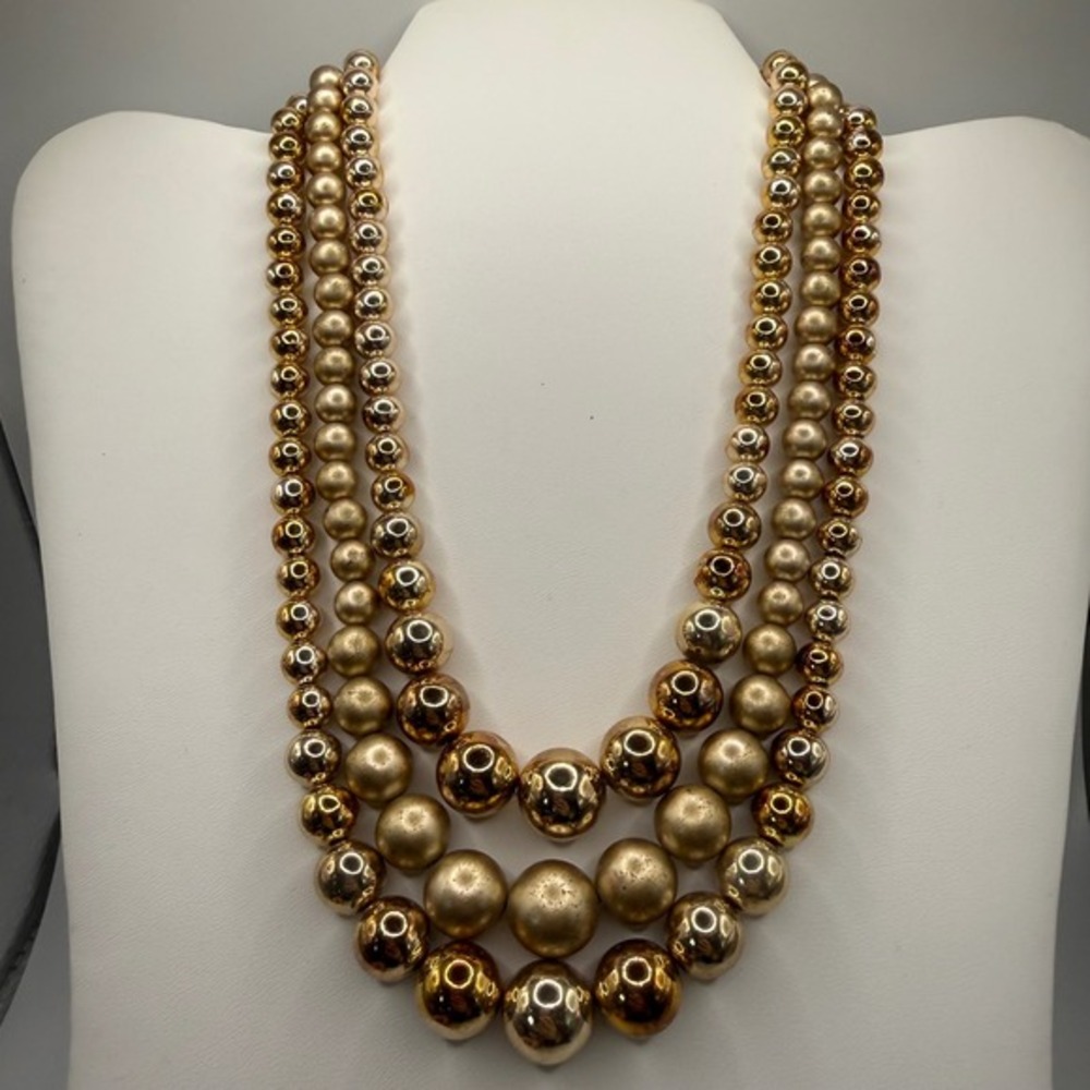 Vintage Japan Triple Strand Gold Tone Graduated Bead Statement Necklace Layered